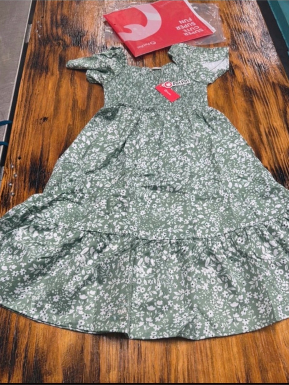 PatPat Green Floral Flutter-Sleeve Tiered Dress